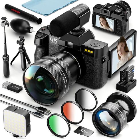 8K 64MP Digital Cameras for Photography,16X Zoom,3 Color Filters，Black | 180°Flip Screen，WiFi,Microphone, Tripod, Wide & Macro Lens Kit,2 Batteries, 32GB TF Card,Vlogging and Travel,Beginners in Saudi Arabia