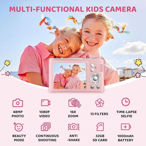 Digital Camera, 48MP FHD 1080P Point and Shoot Camera with 16x Zoom, Anti Shake Autofocus Compact Camera with 32GB Card for Kids, Beginners, Teens, Pink in Kuwait
