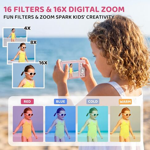 Digital Camera, 48MP FHD 1080P Point and Shoot Camera with 16x Zoom, Anti Shake Autofocus Compact Camera with 32GB Card for Kids, Beginners, Teens, Pink in Kuwait
