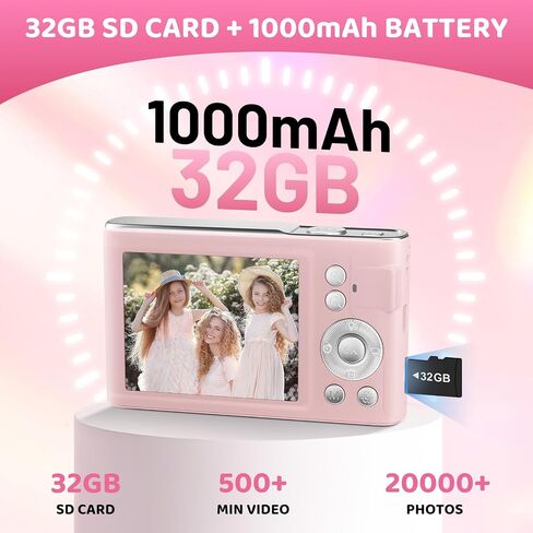 Digital Camera, 48MP FHD 1080P Point and Shoot Camera with 16x Zoom, Anti Shake Autofocus Compact Camera with 32GB Card for Kids, Beginners, Teens, Pink in Kuwait