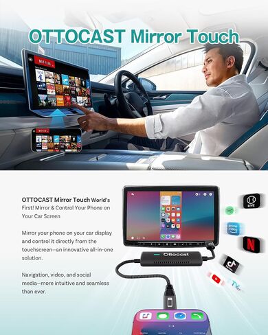 Ottocast Mirror Touch - محول CarPlay اللاسلكي ومحول النسخ المتطابق للهاتف ثنائي الاتجاه - وضع مزدوج، ترقية التوصيل والتشغيل للسيارات السلكية في المصنع (2016+) in Kuwait