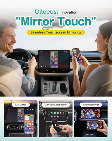 Ottocast Mirror Touch - محول CarPlay اللاسلكي ومحول النسخ المتطابق للهاتف ثنائي الاتجاه - وضع مزدوج، ترقية التوصيل والتشغيل للسيارات السلكية في المصنع (2016+) in Kuwait
