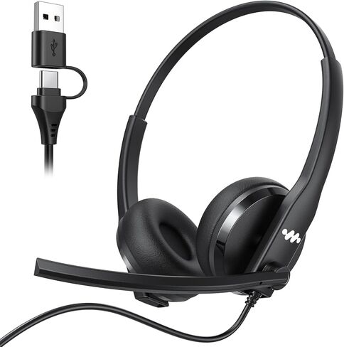 سماعة رأس Necode USB مع ميكروفون للكمبيوتر الشخصي، سماعة رأس سلكية للكمبيوتر المحمول مع ميكروفون لإلغاء الضوضاء، سماعات عمل مع ميكروفون لفرق المكاتب المنزلية Zoom (USB-A&C) - أسود in Kuwait