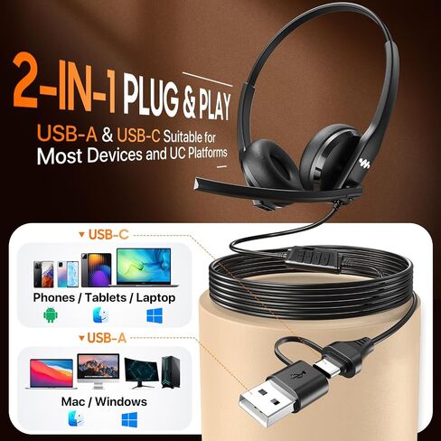 سماعة رأس Necode USB مع ميكروفون للكمبيوتر الشخصي، سماعة رأس سلكية للكمبيوتر المحمول مع ميكروفون لإلغاء الضوضاء، سماعات عمل مع ميكروفون لفرق المكاتب المنزلية Zoom (USB-A&C) - أسود in Kuwait