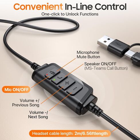 سماعة رأس Necode USB مع ميكروفون للكمبيوتر الشخصي، سماعة رأس سلكية للكمبيوتر المحمول مع ميكروفون لإلغاء الضوضاء، سماعات عمل مع ميكروفون لفرق المكاتب المنزلية Zoom (USB-A&C) - أسود in Kuwait