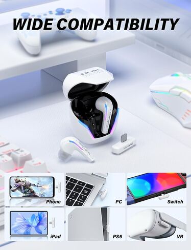 New Version Wireless Gaming Earbuds, 20ms Ultra Low Latency, 2.4GHz + Bluetooth 5.3 Dual Mode, ENC Mic, USB-C Dongle Compatible with PS5/PS4, Meta Quest 3/3S/2, Steam Deck, PC & Mobile - White in Saudi Arabia