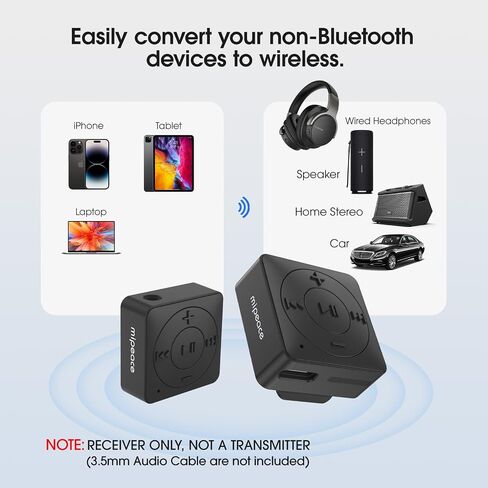 MIPEACE Bluetooth Adapter for Wired Headphones, 3.5mm Aux, Black | Receiver only, not transmitter, Bluetooth 5.3, built-in mic, USB-C charging, car stereo & speakers, 3.5mm cable not included in Saudi Arabia