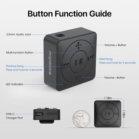 MIPEACE Bluetooth Adapter for Wired Headphones, 3.5mm Aux, Black | Receiver only, not transmitter, Bluetooth 5.3, built-in mic, USB-C charging, car stereo & speakers, 3.5mm cable not included in Saudi Arabia