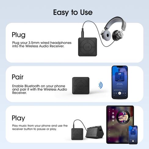 MIPEACE Bluetooth Adapter for Wired Headphones, 3.5mm Aux, Black | Receiver only, not transmitter, Bluetooth 5.3, built-in mic, USB-C charging, car stereo & speakers, 3.5mm cable not included in Saudi Arabia