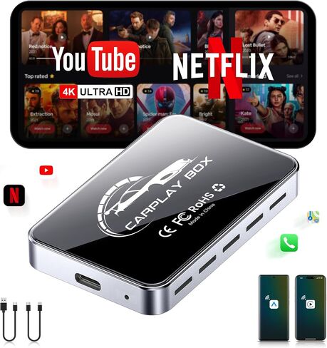 AI Box CarPlay, 3-in-1 Wireless CarPlay Adapter Android Auto OEM Wired Cars | Built-in Netflix/YouTube for Streaming, 5.8GHz WiFi, Convert Wired to Wireless, Plug & Play （4GB RAM+32GB ROM） in Saudi Arabia