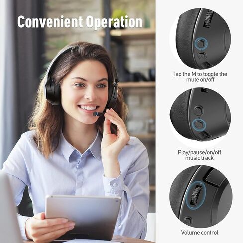 H300 Wireless Headphones with Microphone,Over Ear Bluetooth Headsets, Black | USB Dongle,One-Tap Mute, Environmental Noise Cancelling Retractable Mic for Work Office Call Center Laptop Computer in Saudi Arabia