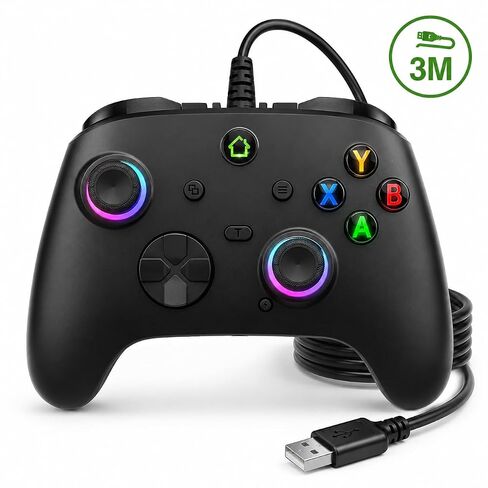 وحدة تحكم سلكية من conwin لـ X box One/S/X & Series S/X/PC Win10+/Steam Platform، عصا تحكم 9.8FT PC مع اهتزاز مزدوج، توربو، قابل للبرمجة، ضوء RGB LED ومقبس مجسم 3.5 مم (أسود-102L) in Kuwait