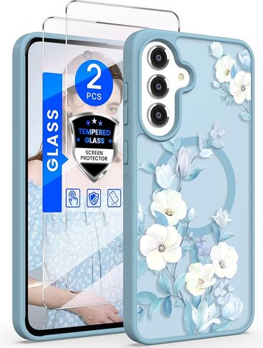 Yucenx Magnetic Translucent Flower Case for Samsung Galaxy S25 FE-Hibiscus | Girls Women Translucent Matte Floral Pattern+Tempered Glass Screen Protector Military Grade Protective Phone Cover for S25 FE in Saudi Arabia