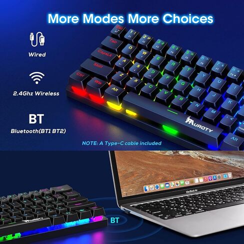 60% Wireless Mechanical Gaming Keyboard, Clicky Blue Switch RGB Backlit | Pauroty Triple Mode 2.4G/USB-C/Bluetooth Gaming Keyboard, 61 Keys Rechargeable Mini Keyboard for iPad Mac PC Xbox in Kuwait