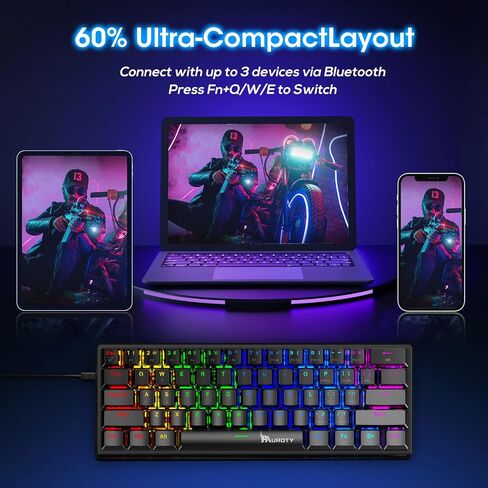 60% Wireless Mechanical Gaming Keyboard, Clicky Blue Switch RGB Backlit | Pauroty Triple Mode 2.4G/USB-C/Bluetooth Gaming Keyboard, 61 Keys Rechargeable Mini Keyboard for iPad Mac PC Xbox in Kuwait