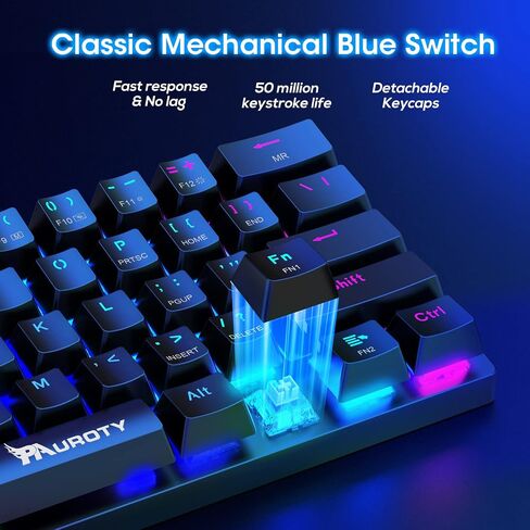 60% Wireless Mechanical Gaming Keyboard, Clicky Blue Switch RGB Backlit | Pauroty Triple Mode 2.4G/USB-C/Bluetooth Gaming Keyboard, 61 Keys Rechargeable Mini Keyboard for iPad Mac PC Xbox in Kuwait