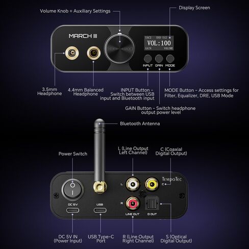 TempoTec Mach III-M3 HiFi USB DAC,Bluetooth DAC, 2*CS43198 DAC chip,UAC1.0 for PlayStation PS4,PS5,UAC2.0, EQ,Filter,DSD512/LDAC in Saudi Arabia