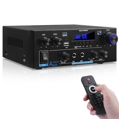 AK55 Stereo Audio Amplifier, 2.0CH 70Wx2 Bluetooth 5.0 Home Power Amp | with BT/USB/AUX,Optical & Coaxial Inputs, FM Radio, MIC/Echo, AMP for Passive Speakers and Active subwoofer in Saudi Arabia