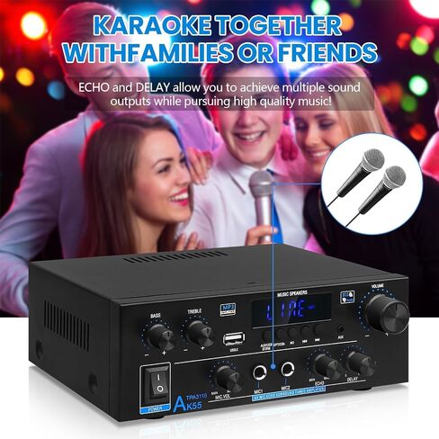 AK55 Stereo Audio Amplifier, 2.0CH 70Wx2 Bluetooth 5.0 Home Power Amp | with BT/USB/AUX,Optical & Coaxial Inputs, FM Radio, MIC/Echo, AMP for Passive Speakers and Active subwoofer in Saudi Arabia
