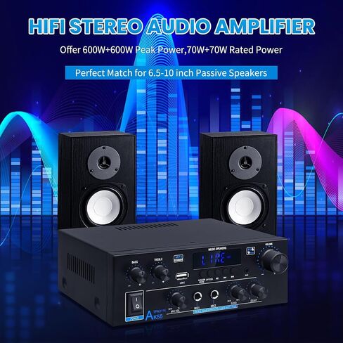 AK55 Stereo Audio Amplifier, 2.0CH 70Wx2 Bluetooth 5.0 Home Power Amp | with BT/USB/AUX,Optical & Coaxial Inputs, FM Radio, MIC/Echo, AMP for Passive Speakers and Active subwoofer in Saudi Arabia