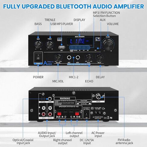 AK55 Stereo Audio Amplifier, 2.0CH 70Wx2 Bluetooth 5.0 Home Power Amp | with BT/USB/AUX,Optical & Coaxial Inputs, FM Radio, MIC/Echo, AMP for Passive Speakers and Active subwoofer in Saudi Arabia