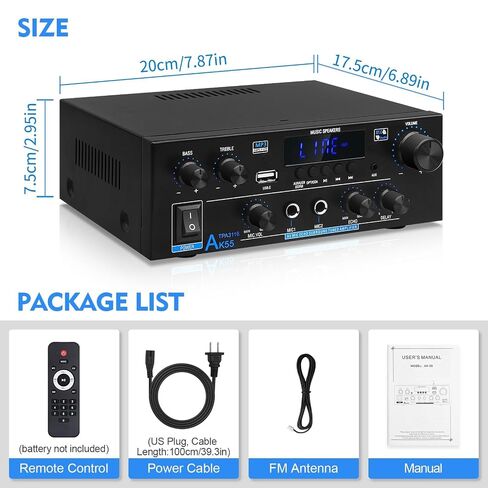 AK55 Stereo Audio Amplifier, 2.0CH 70Wx2 Bluetooth 5.0 Home Power Amp | with BT/USB/AUX,Optical & Coaxial Inputs, FM Radio, MIC/Echo, AMP for Passive Speakers and Active subwoofer in Saudi Arabia