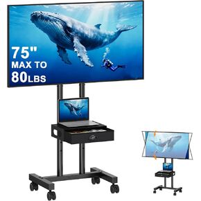 Rolling TV Stand with Drawer for 32-75 Inch TVs, Adjustable Storage Shelf | Max VESA 600 x 400mm, 80 LB Capacity, reinforced dual-post support, smooth 360° mobility, and ±15° tilt. in Kuwait