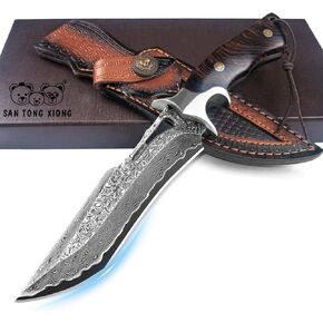 Damascus Hunting Knife,10.4" Fixed Blade VG10 Leather Sheath | 513-layer steel bowie,rosewood handle,outdoor camping and survival,knives for men in Saudi Arabia