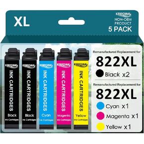 بديل معاد تصنيعه لخراطيش الحبر Epson 822 822XL 822 XL | مع طابعة Workforce Pro WF-3820 WF-3823 WF-4820 WF-4830 WF-4833 (2 أسود سماوي أرجواني أصفر، 5 عبوات) in Kuwait