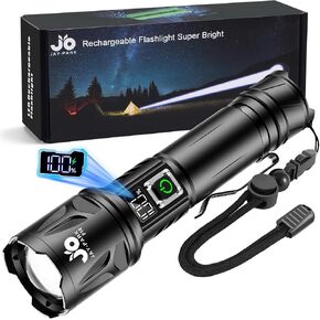 JAY-PARK High Lumen Flashlight 100000 Lumen Rechargeable 5000mAh Battery | LCD Display, Zoom Long Beam (3000m), IP67 Waterproof, 5 Modes & Belt Clip - for Camping, Dog Walking, Adventure, Everyday Use in Kuwait