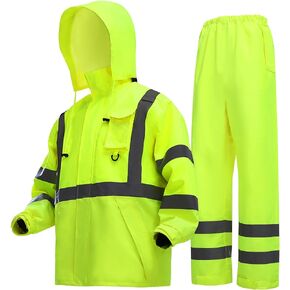 Rain Suits for Men Waterproof，Class 3 Hi Vis Rain Gear with Collapsible Hood， Breathable Safety Rain Jacket with Inner Mesh Lining and pocket，Reflective Waterproof Pants L/XL in Saudi Arabia
