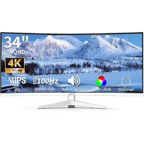 ZZA 34 Inch Ultrawide Curved Monitor Built in Speakers 4K Gaming Computer Monitor 100Hz, WQHD(3440x1440P) Curved 3800R 21:9 Ultra Wide PC Display, 130% sRGB, HDMI &DP, VESA Mount Compatible-White in Saudi Arabia
