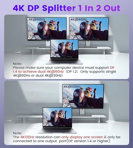 Display Port Splitter for Dual Monitors, Extended Display for Windows, Dual 4K@60Hz Displayport Splitter 1 in 2 Out, Single 4K@120Hz, DP 1.4 MST Hub Compatible with PC, Laptop, Graphics Card in Saudi Arabia