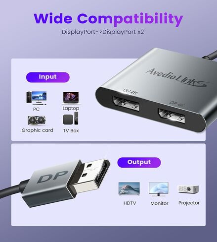 Display Port Splitter for Dual Monitors, Extended Display for Windows, Dual 4K@60Hz Displayport Splitter 1 in 2 Out, Single 4K@120Hz, DP 1.4 MST Hub Compatible with PC, Laptop, Graphics Card in Saudi Arabia