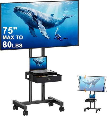 Rolling TV Stand with Drawer for 32-75 Inch TVs, Adjustable Storage Shelf | Max VESA 600 x 400mm, 80 LB Capacity, reinforced dual-post support, smooth 360° mobility, and ±15° tilt. in Kuwait