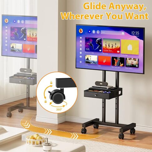 Rolling TV Stand with Drawer for 32-75 Inch TVs, Adjustable Storage Shelf | Max VESA 600 x 400mm, 80 LB Capacity, reinforced dual-post support, smooth 360° mobility, and ±15° tilt. in Kuwait