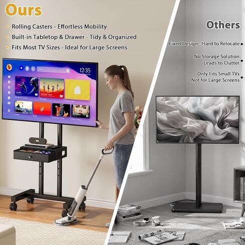 Rolling TV Stand with Drawer for 32-75 Inch TVs, Adjustable Storage Shelf | Max VESA 600 x 400mm, 80 LB Capacity, reinforced dual-post support, smooth 360° mobility, and ±15° tilt. in Kuwait