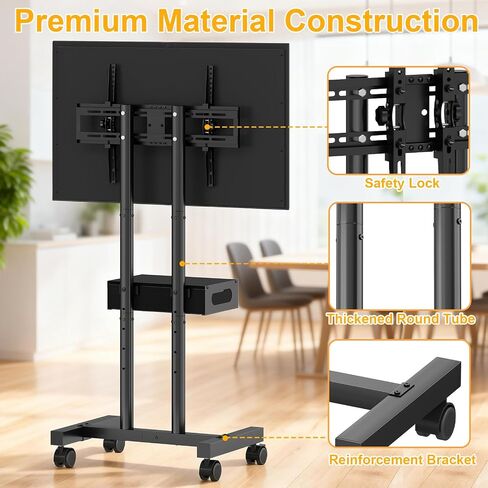 Rolling TV Stand with Drawer for 32-75 Inch TVs, Adjustable Storage Shelf | Max VESA 600 x 400mm, 80 LB Capacity, reinforced dual-post support, smooth 360° mobility, and ±15° tilt. in Kuwait