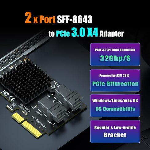 GLOTRENDS SF22 2-Port SFF-8643(Mini-SAS HD) إلى بطاقة محول PCIE 3.0 X4 مع وظيفة تشعب PCIe، دعامة عادية ومنخفضة الأداء in Kuwait