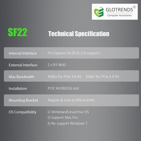 GLOTRENDS SF22 2-Port SFF-8643(Mini-SAS HD) إلى بطاقة محول PCIE 3.0 X4 مع وظيفة تشعب PCIe، دعامة عادية ومنخفضة الأداء in Kuwait