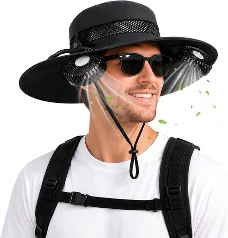 2-in-1 Fan Hat with Detachable Neck Fan, UPF 50+ Wide Brim Black | Rechargeable 3-Speed Cooling / Lightweight Outdoor Design / Ideal for Fishing, Camping, Hiking, Beach and Gardening in Saudi Arabia