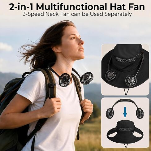2-in-1 Fan Hat with Detachable Neck Fan, UPF 50+ Wide Brim Black | Rechargeable 3-Speed Cooling / Lightweight Outdoor Design / Ideal for Fishing, Camping, Hiking, Beach and Gardening in Saudi Arabia