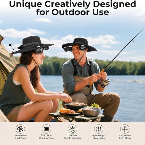 2-in-1 Fan Hat with Detachable Neck Fan, UPF 50+ Wide Brim Black | Rechargeable 3-Speed Cooling / Lightweight Outdoor Design / Ideal for Fishing, Camping, Hiking, Beach and Gardening in Saudi Arabia