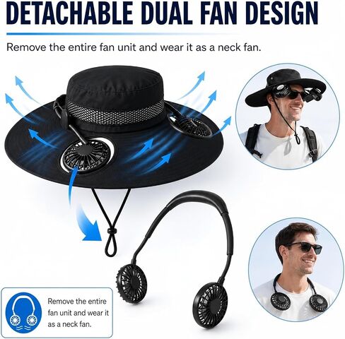 2-in-1 Fan Hat with Detachable Neck Fan, UPF 50+ Wide Brim Black | Rechargeable 3-Speed Cooling / Lightweight Outdoor Design / Ideal for Fishing, Camping, Hiking, Beach and Gardening in Saudi Arabia