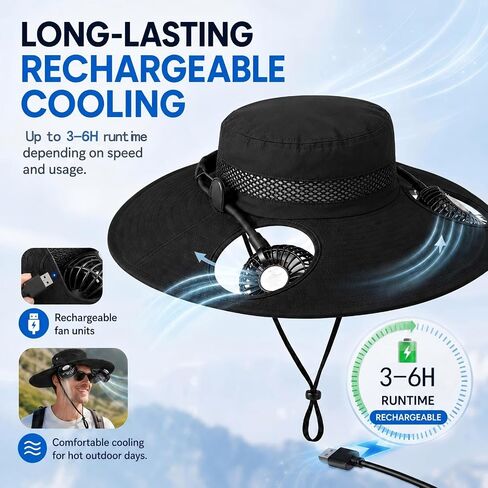 2-in-1 Fan Hat with Detachable Neck Fan, UPF 50+ Wide Brim Black | Rechargeable 3-Speed Cooling / Lightweight Outdoor Design / Ideal for Fishing, Camping, Hiking, Beach and Gardening in Saudi Arabia