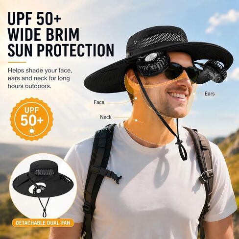 2-in-1 Fan Hat with Detachable Neck Fan, UPF 50+ Wide Brim Black | Rechargeable 3-Speed Cooling / Lightweight Outdoor Design / Ideal for Fishing, Camping, Hiking, Beach and Gardening in Saudi Arabia