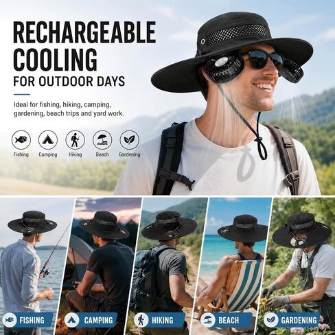 2-in-1 Fan Hat with Detachable Neck Fan, UPF 50+ Wide Brim Black | Rechargeable 3-Speed Cooling / Lightweight Outdoor Design / Ideal for Fishing, Camping, Hiking, Beach and Gardening in Saudi Arabia
