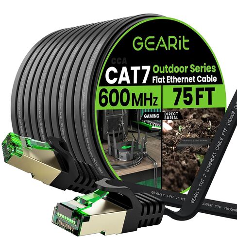 GEARit Cat 7 Outdoor Flat Ethernet Cable (15ft, Black) Direct Burial Rated LLDPE Jacket - Indoor Cat7 Shielded FTP 600MHz 10Gbps High Speed Gaming Computer Network RJ45 Snagless Patch Cord Internet in Saudi Arabia
