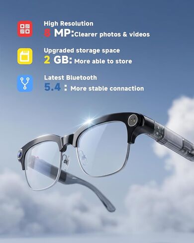 TOOBUR AI Smart Glasses with 8MP Camera, 1080P Anti-Shake HD Video, 2 Pairs of len, Real-Time Translation & Voice Assistant, Bluetooth Calls & Open-Ear Audio for Vlogging, Travel & Meetings in Kuwait