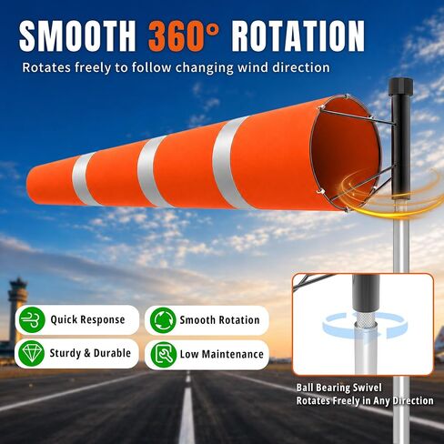 Tredre Airport Windsock Pole Kit with Swivel, 2 Wind Socks 8 x 36 in | Heavy Duty Wind Socks for Outside, Waterproof & UV-Resistant, 9Ft, No-Dig Ground Anchor for Aviation, Industrial, Agriculture in Kuwait